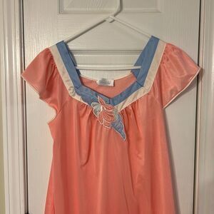 Vanity Fair Vintage Nightgown Pink Pastel Blue Short Sleeve Cap Nylon S USA